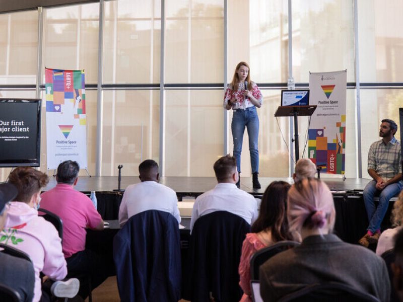 Wednesday, June 15, 2022 - Students speak to the judges during PRIDE Pitch, a competition that offers cash prizes to recognize, reward and accelerate the U of TÕs 2SLGBTQ+ entrepreneurs, hosted at the University of Toronto Mississauga. (Photo by Nick Iwanyshyn)